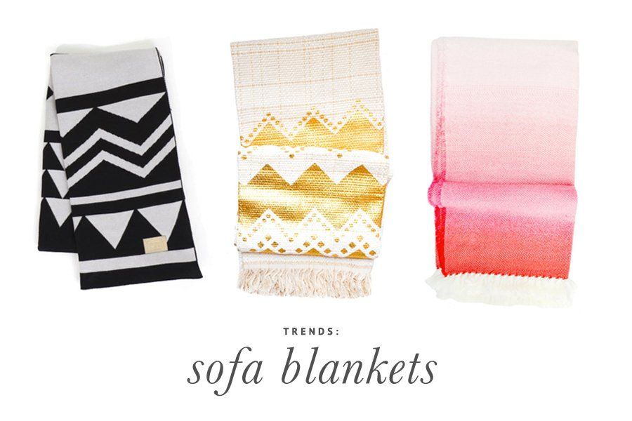 Trendy sofa blankets in black geometric, gold chevron, and pink ombre patterns for dog-friendly homes.
