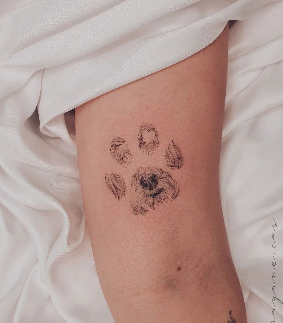 Fine-line tattoo on an arm featuring a fluffy dog face and fur forming a paw print.