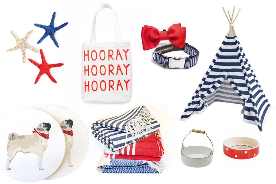 Stylish red, white and blue dog accessories, including a striped collar with red bow tie, tote bag, and beach blankets.