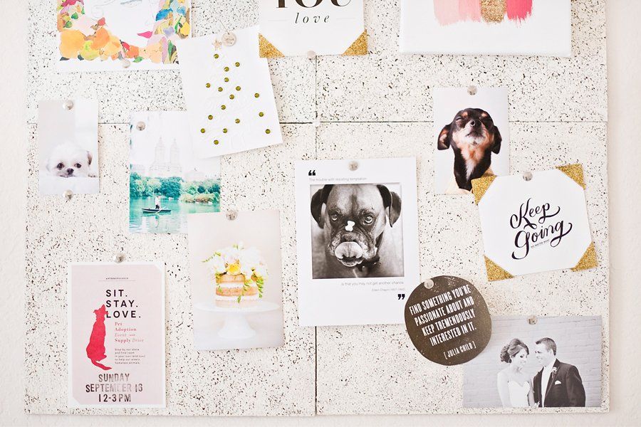 Inspiration mood board at Chic Sprinkles Studio with dog photos, pet-themed posters, and chic office wall decor.