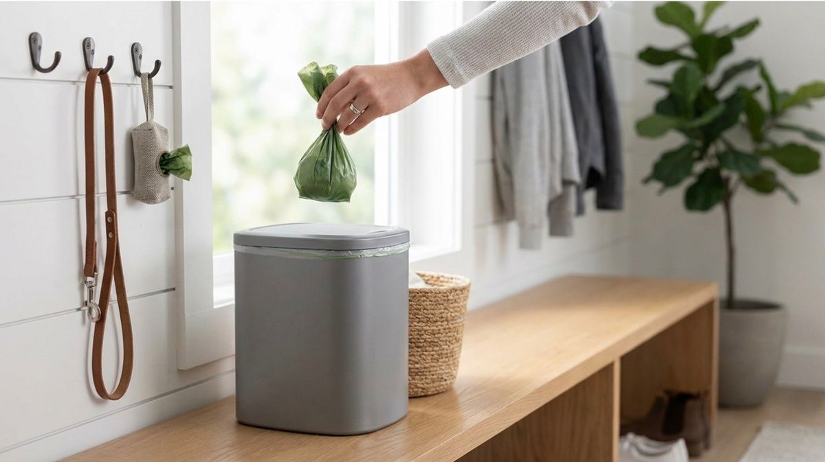 A hand drops a tied green waste bag into a grey trash bin in an entryway.