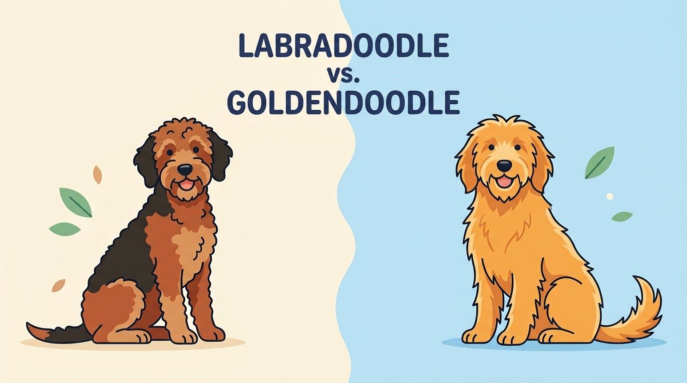 Illustration comparing a brown Labradoodle and golden Goldendoodle sitting beneath the text “Labradoodle vs. Goldendoodle.”