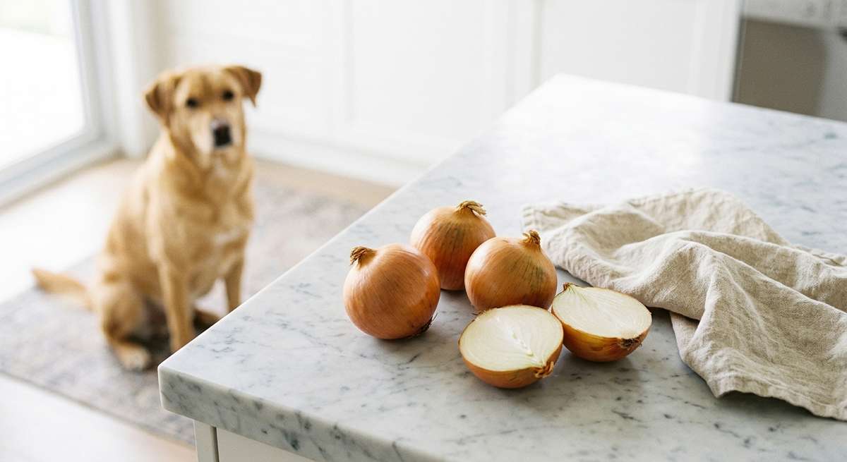 Whole and halved onions on a marble counter with a dog sitting in the background.