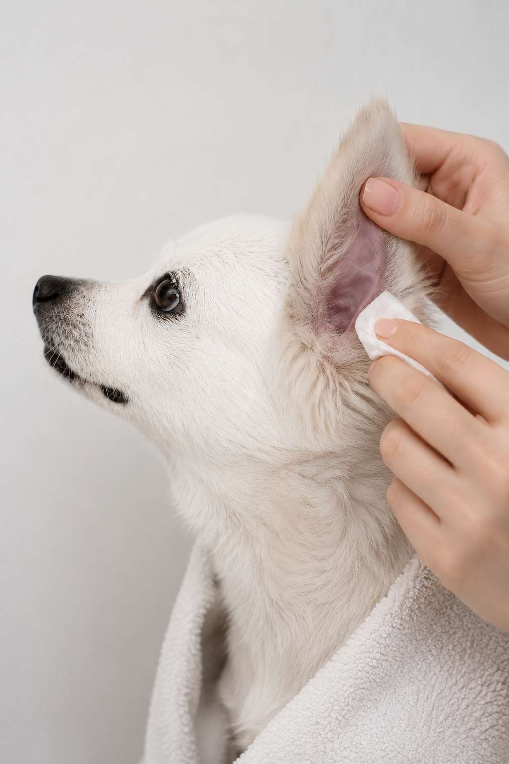 Hands gently wiping the inside of a white fluffy dog's ear with a cotton pad.