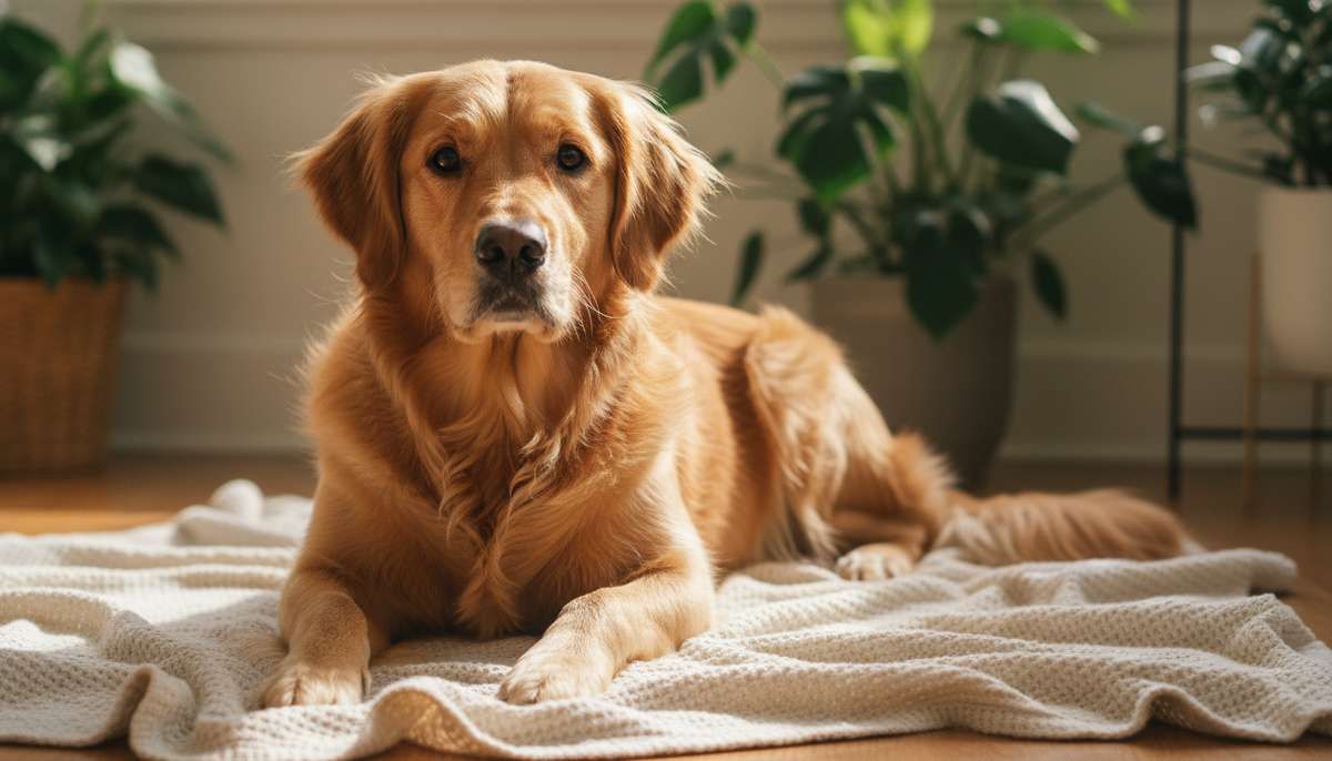 Golden retriever resting on a cream blanket in a warm sunlit living room with houseplants