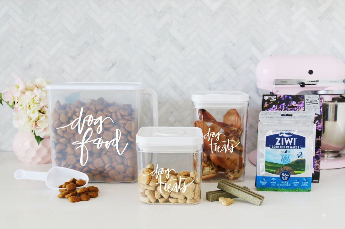 Stylish dog food storage containers and treat jars with white script labels on a kitchen counter with a scoop.