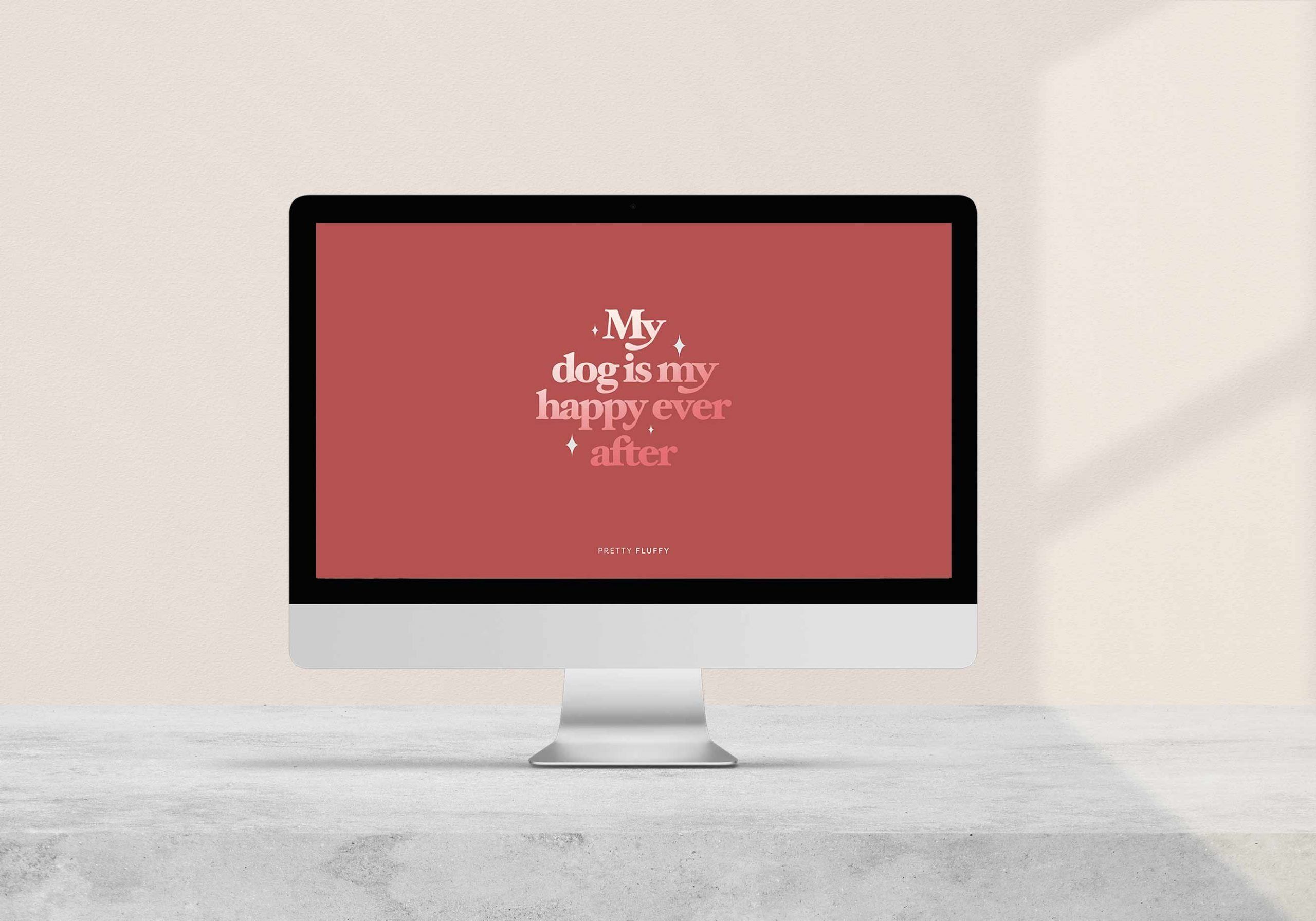 "My Dog Is My Happy Ever After" dog mom quote desktop wallpaper and screensaver on a computer monitor.