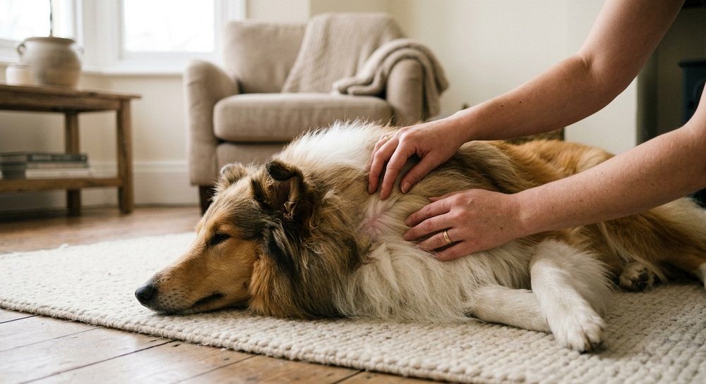 A person's hands parting the fur of a Rough Collie lying on a rug to inspect its skin.
