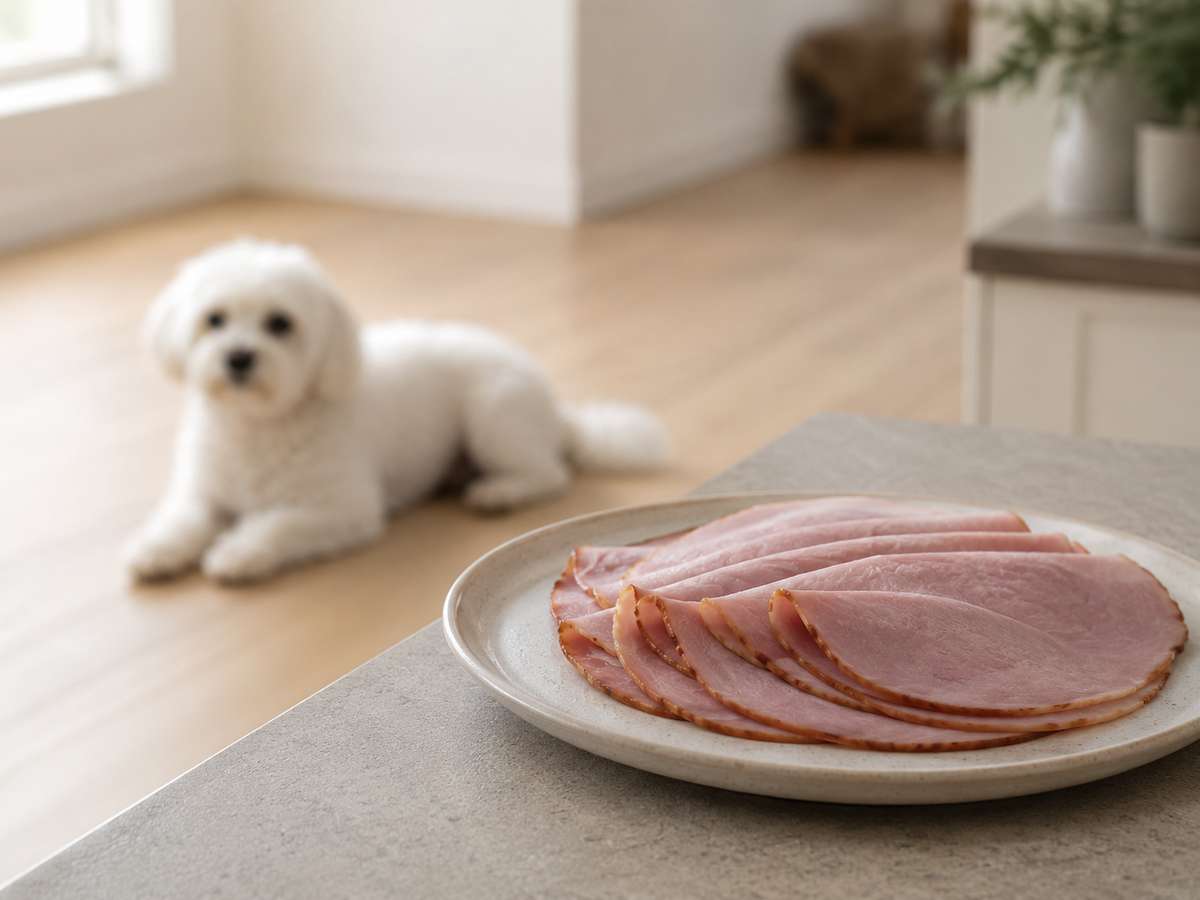 Sliced ham on a plate on a counter with a small white dog lying on the floor in the background.