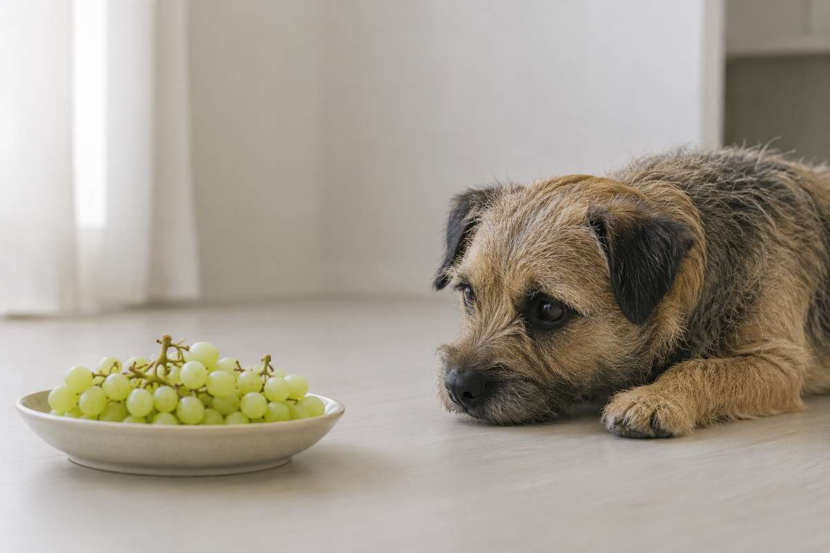 A small scruffy dog lying on the floor looks at a bowl of green grapes.