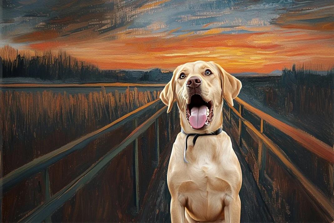 A painted portrait of a yellow Labrador with its mouth wide open in the style of Edvard Munch's The Scream.