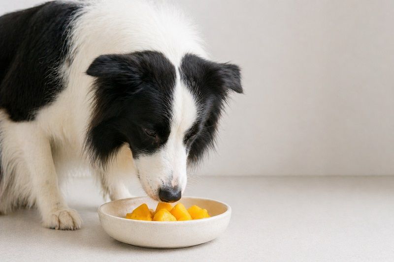 Black and white Border Collie eating fresh mango chunks from a bowl.