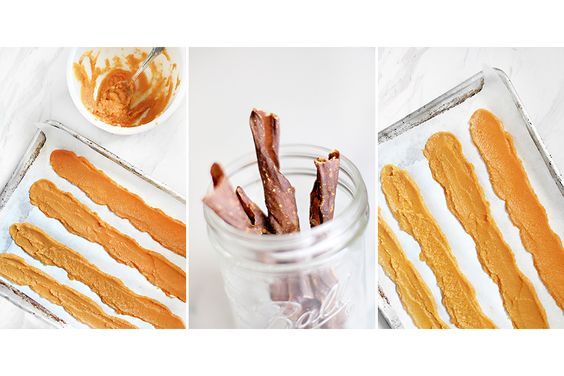 DIY apple pumpkin pie chew sticks for dogs, from pureed strips on a baking sheet to finished chewy treats in a jar.