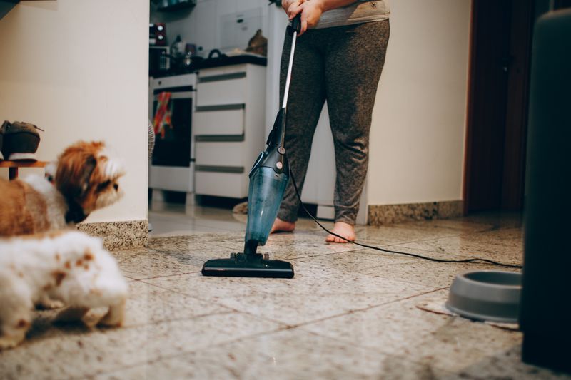Person vacuuming a tiled floor while two dogs watch nearby and a pet bowl sits to the side.