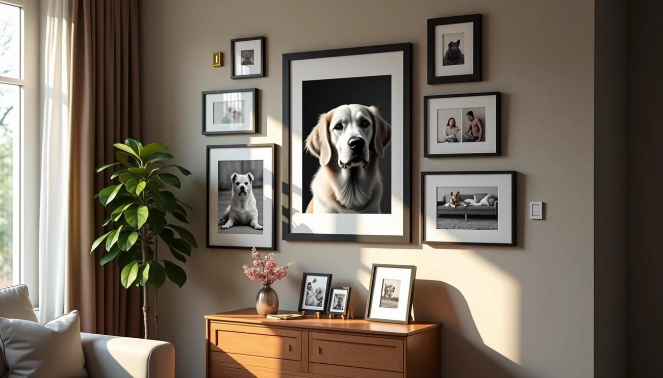 Gallery wall featuring a large golden retriever portrait and framed dog photos, showcasing creative pet portrait ideas.