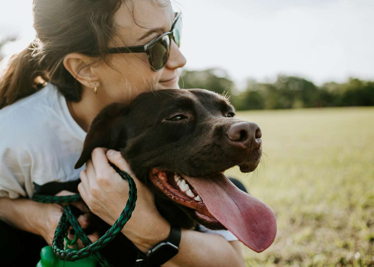 A woman wearing sunglasses smiles and hugs a panting brown dog in a grassy field.