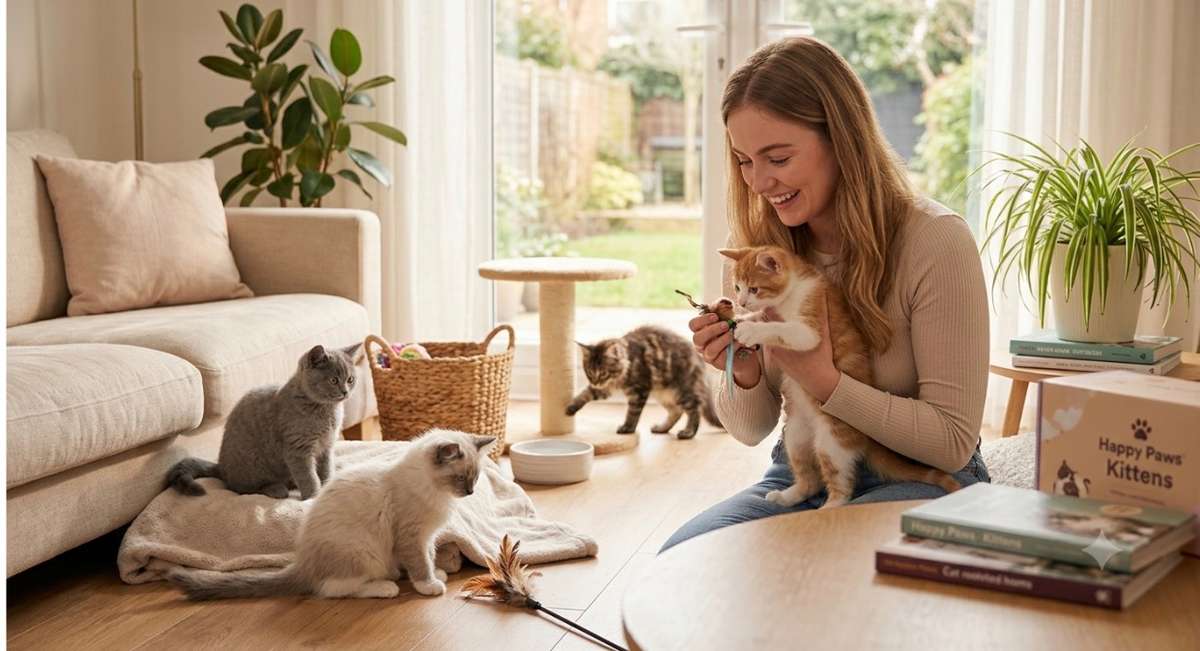 A smiling woman sits on the floor of a bright living room, playing with a group of kittens.