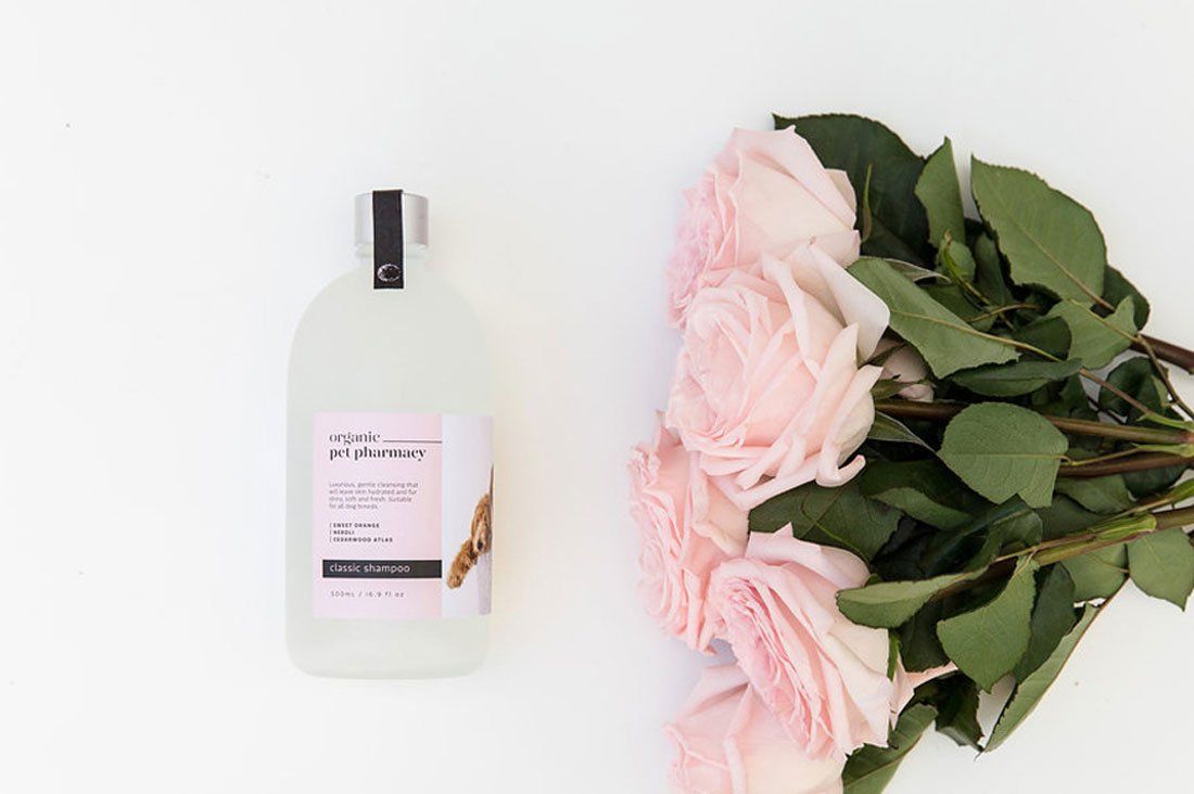 Organic Pet Pharmacy classic dog shampoo for sensitive skin next to pink roses on a white background.