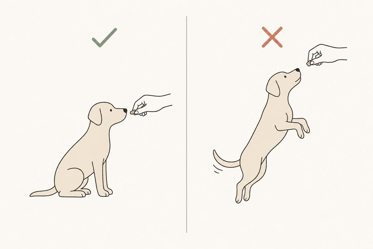 An illustration showing correct treat height for a sitting dog versus holding it too high, causing the dog to jump.