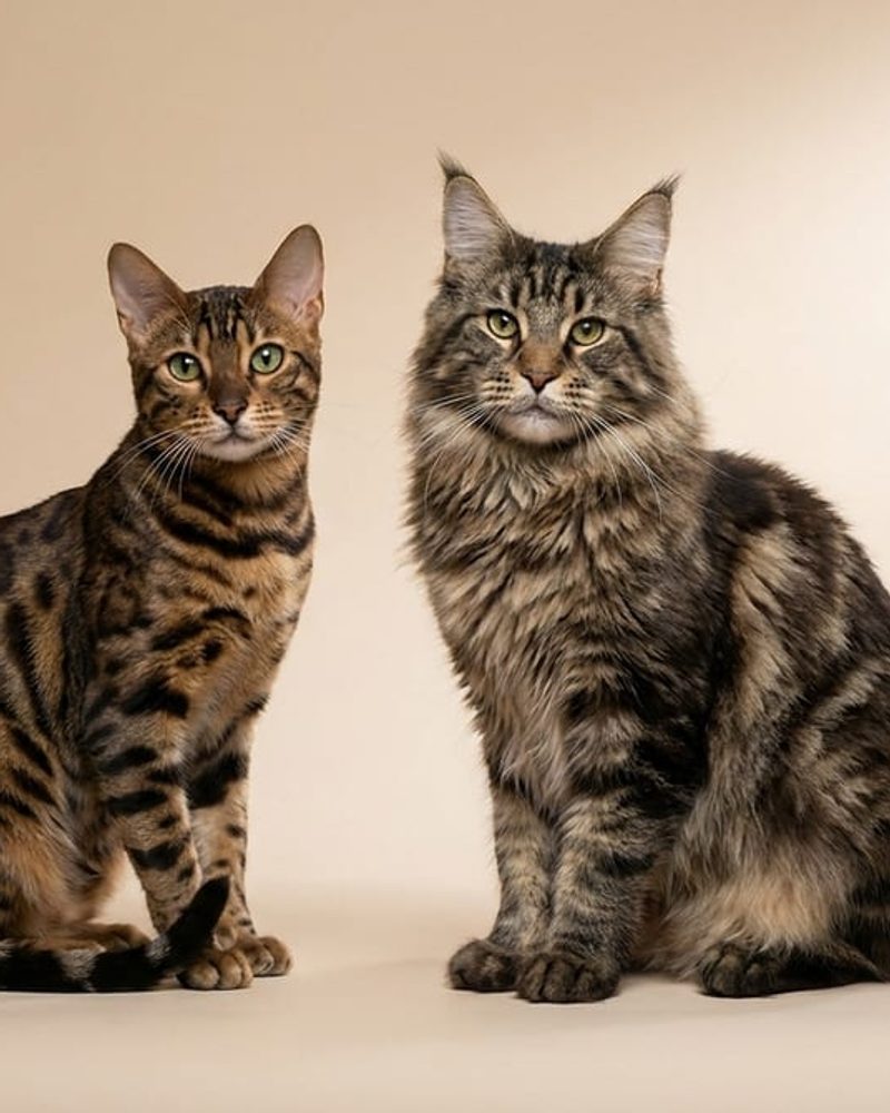 A sleek Bengal cat and a fluffy Maine Coon cat sitting side-by-side in a professional studio portrait.