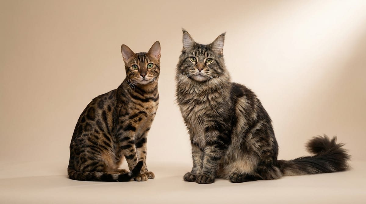 A sleek Bengal cat and a fluffy Maine Coon cat sitting side-by-side in a professional studio portrait.