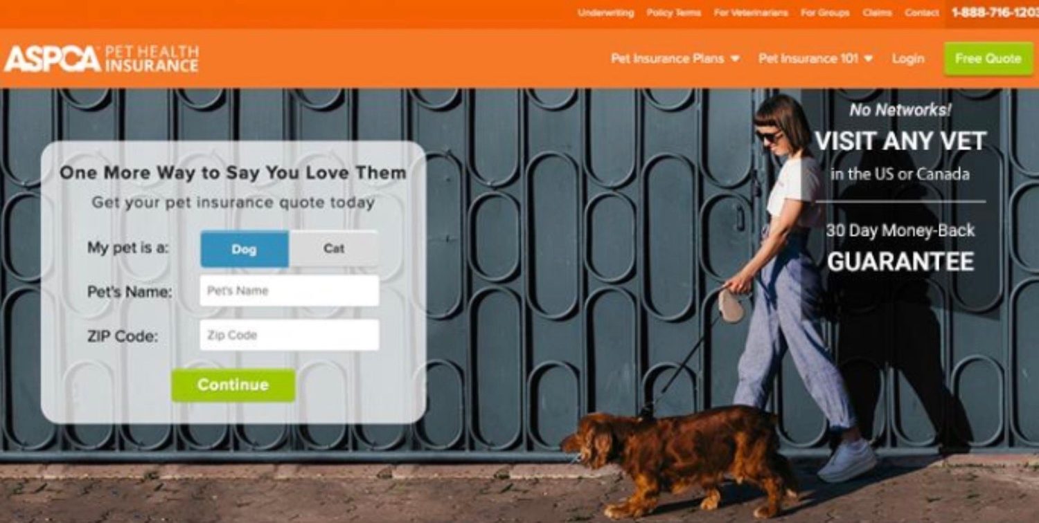Screenshot of the ASPCA Pet Health Insurance homepage showing an online quote form.