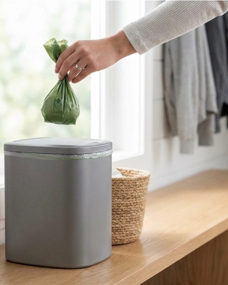 A hand drops a tied green waste bag into a grey trash bin in an entryway.