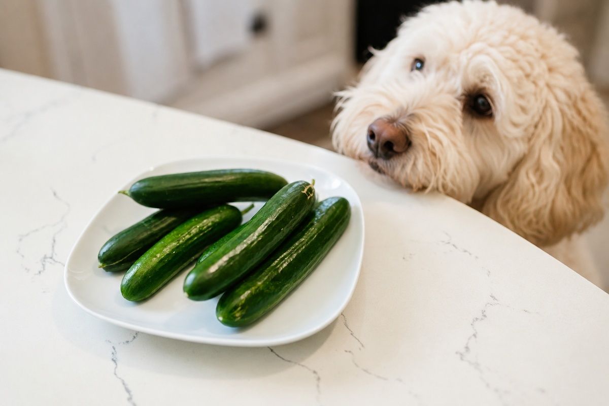 A fluffy white dog rests its chin on a counter next to a plate of green cucumbers.