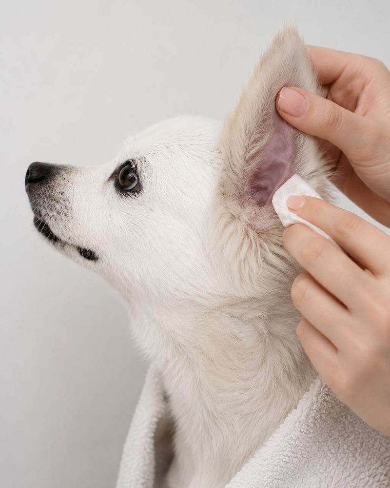 Hands gently wiping the inside of a white fluffy dog's ear with a cotton pad.