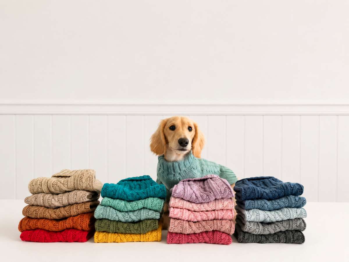 A long-haired dachshund in a green sweater sits behind stacks of colorful cable-knit dog sweaters.