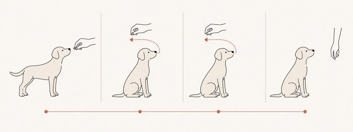 Step-by-step diagram showing how to teach a dog to sit using a treat lure.