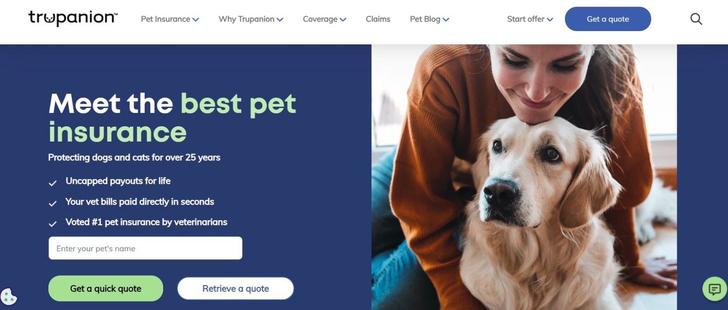 Screenshot of the Trupanion website homepage featuring a woman leaning on a golden retriever.