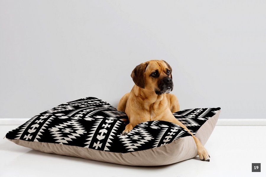 Brown dog lying on a stylish black and white geometric patterned dog bed.