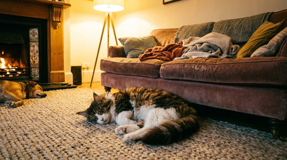 Large Maine Coon cat resting on a cozy rug near a sofa
