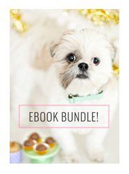 Fluffy dog near healthy dog treats with `EBOOK BUNDLE` text