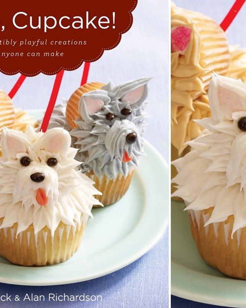 DIY puppy cupcakes with textured white, tan, and grey fur frosting from the Hello Cupcake book.
