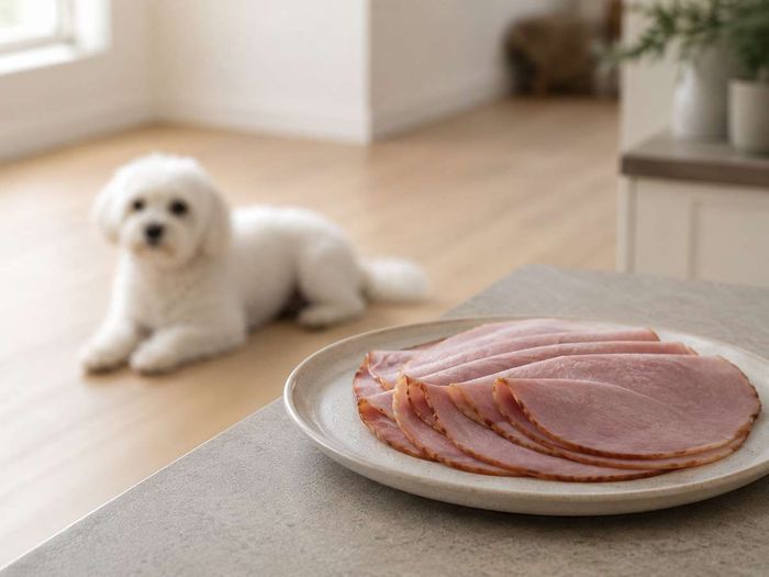 Sliced ham on a plate on a counter with a small white dog lying on the floor in the background.