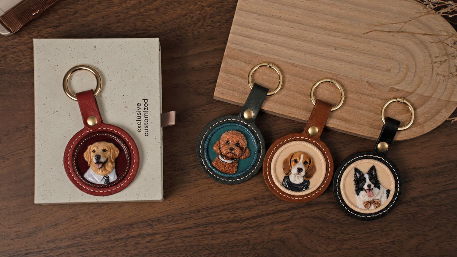 Four custom leather keychains with 3D dog portraits displayed on a wooden table beside a gift box.