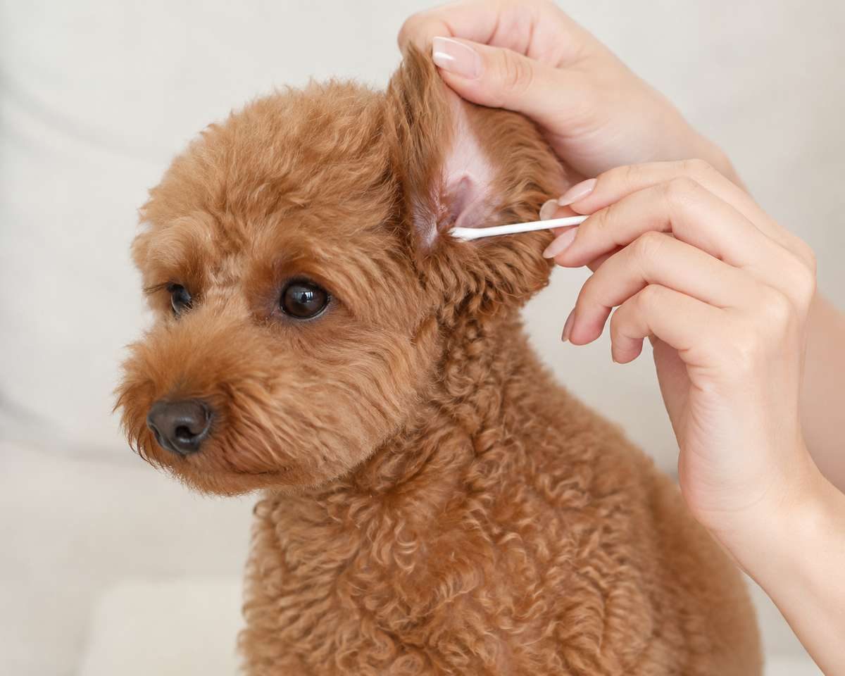 A person using a cotton swab to clean the ear of a small, curly brown dog.