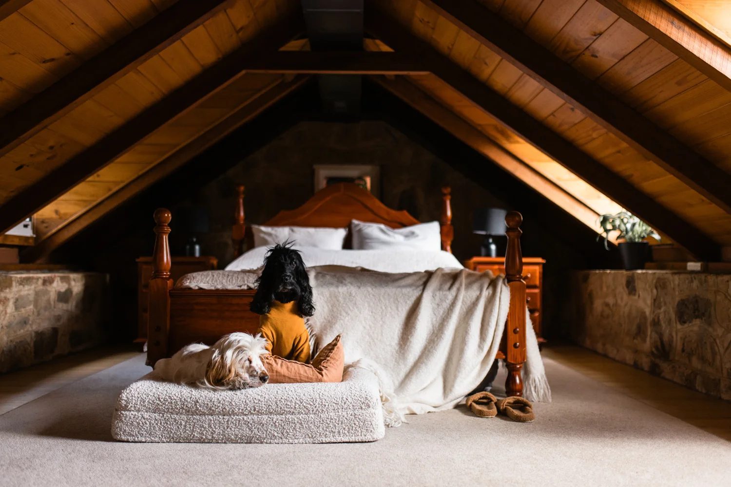 A bright loft bedroom in a dog friendly cottage