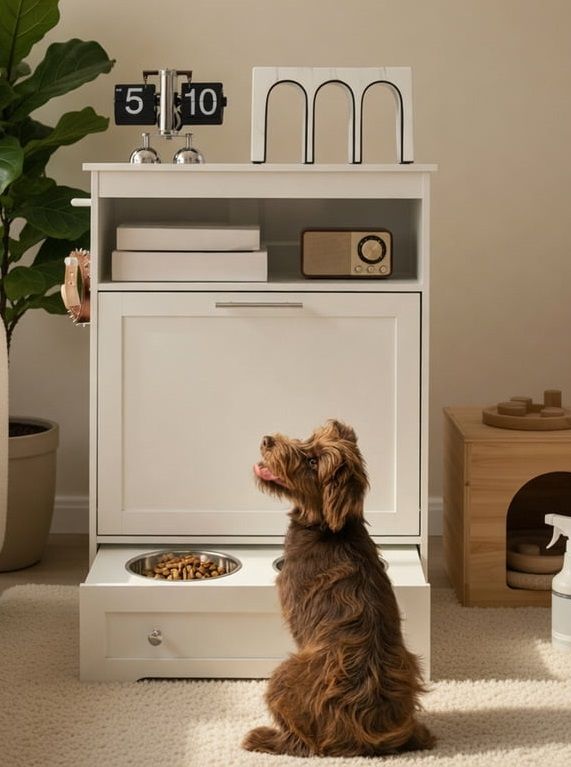 Small brown dog sits beside a white storage cabinet with built-in bowls filled with food.