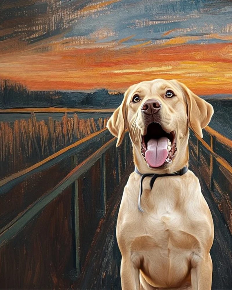 A painted portrait of a yellow Labrador with its mouth wide open in the style of Edvard Munch's The Scream.