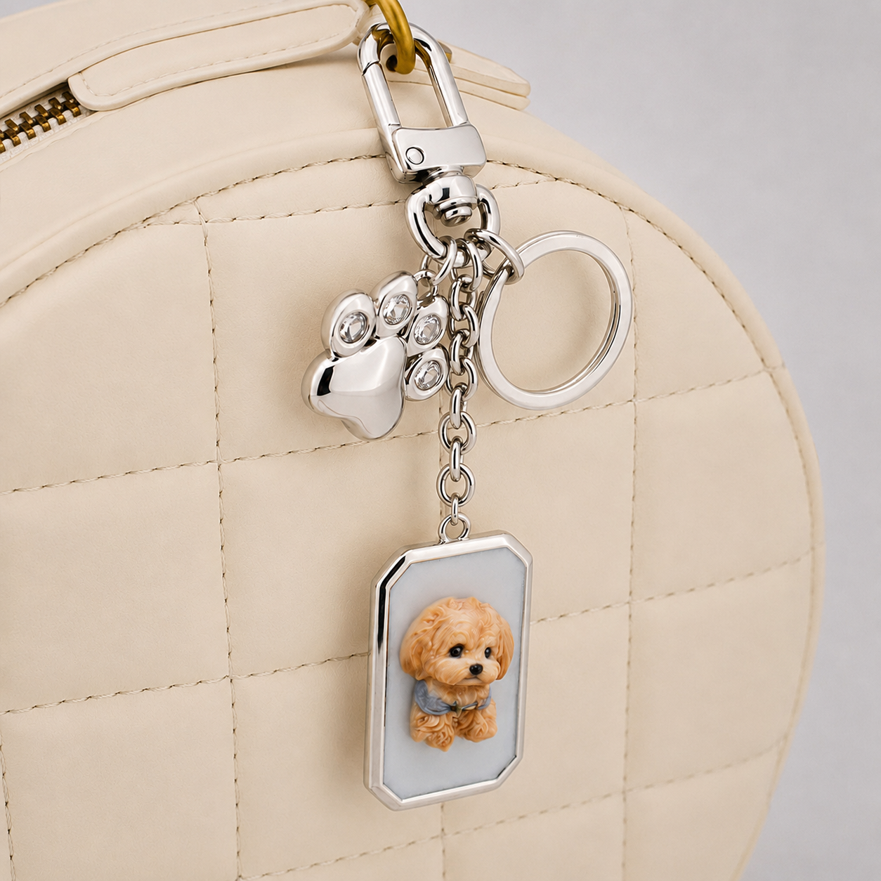 A silver keychain featuring a 3D dog portrait charm and a paw print charm attached to a cream quilted handbag.