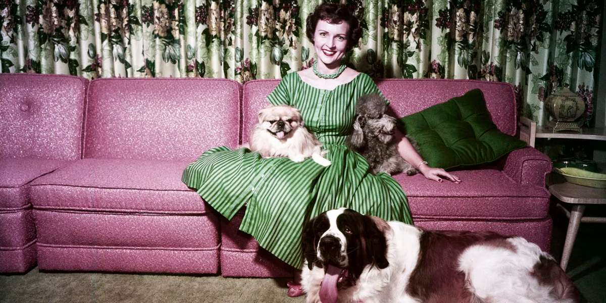 Betty White in a green dress sits on a pink couch surrounded by three dogs in a vintage room.