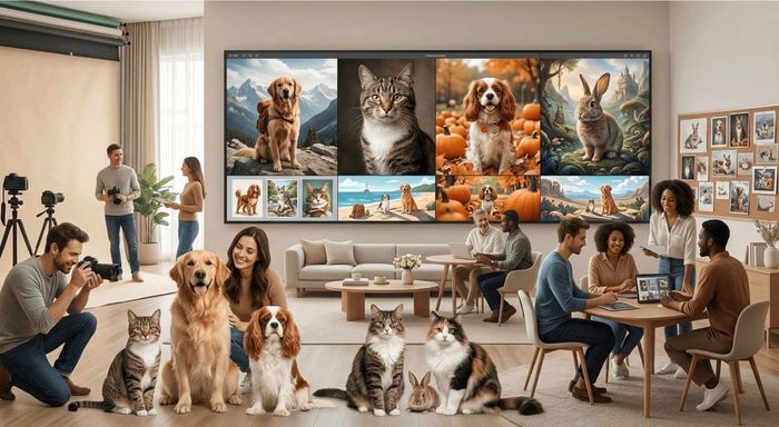 People photographing pets in a studio in front of a screen showing AI-generated pet portraits.