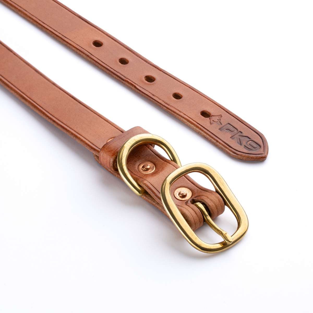 Brown leather dog collar with a brass buckle and D-ring on a white background.
