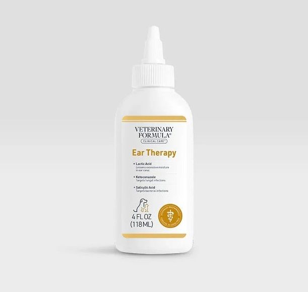 White Veterinary Formula Clinical Care Ear Therapy bottle on a light background.