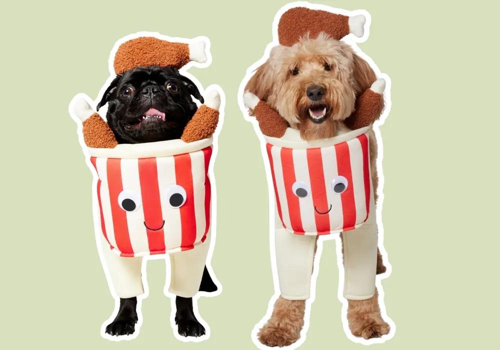 Funny fried chicken bucket dog costumes on a pug and golden doodle, perfect for playful pet gift guides.