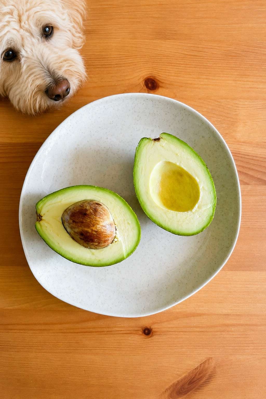 A fluffy dog peeking at two avocado halves on a white plate resting on a wooden table.