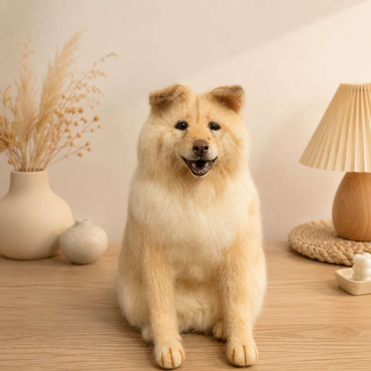A needle-felted dog sculpture sitting on a wooden table next to a ceramic vase and lamp.
